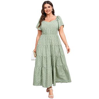 Plus Size Casual Boheo Printed Pleated Maxi Dress V-Neck Four Layered Patchwork Ruffled Maxi Dress
