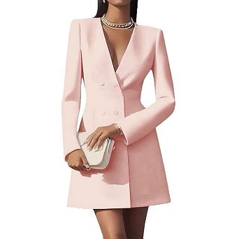 Women's V Neck Long Sleeve Blazer Dress Double Breasted Elegant Work Cocktail Party Dress