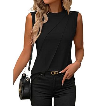 Women's Summer Pleated Tank Top Sleeveless Crewneck Business Casual Loose Tops Shirts Fashion
