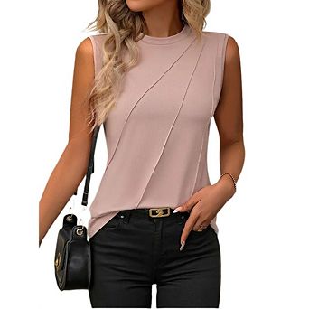 Women's Summer Pleated Tank Top Sleeveless Crewneck Business Casual Loose Tops Shirts Fashion
