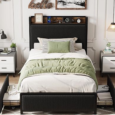 Twin Size Bed Frame with 2 Storage Drawers and Charging Station