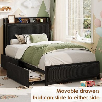 Twin Size Bed Frame with 2 Storage Drawers and Charging Station