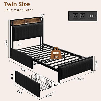 Twin Size Bed Frame with 2 Storage Drawers and Charging Station