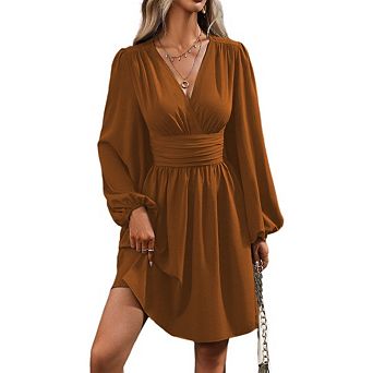 Women's Lantern Sleeve V-Neck Mini Dress Long-Sleeved Tie Waist Pleated Short Wrap Dress
