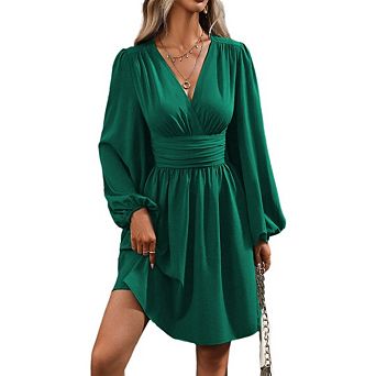 Women's Lantern Sleeve V-Neck Mini Dress Long-Sleeved Tie Waist Pleated Short Wrap Dress