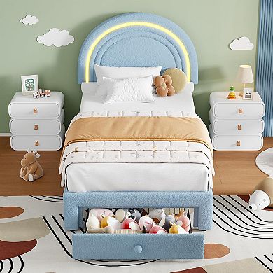 Twin Upholstered LED Bed Frame - with Storage Drawer and Rainbow Headboard, Berber Fleece Princess
