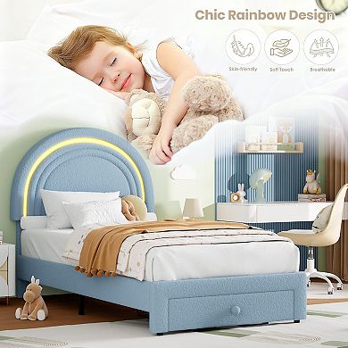 Twin Upholstered LED Bed Frame - with Storage Drawer and Rainbow Headboard, Berber Fleece Princess