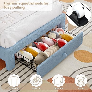 Twin Upholstered LED Bed Frame - with Storage Drawer and Rainbow Headboard, Berber Fleece Princess