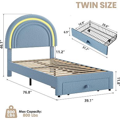 Twin Upholstered LED Bed Frame - with Storage Drawer and Rainbow Headboard, Berber Fleece Princess