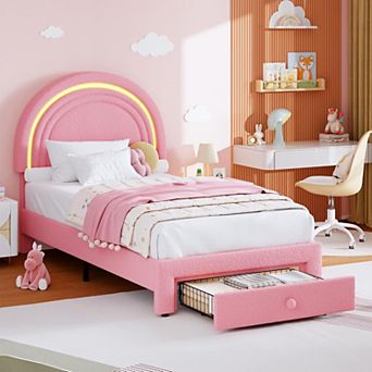 Twin Upholstered LED Bed Frame - with Storage Drawer and Rainbow Headboard, Berber Fleece Princess