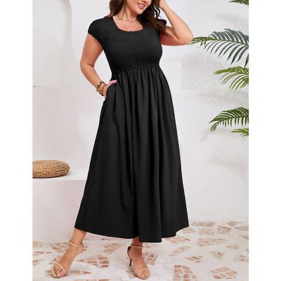 Women's Casual Round Neck Pleated Midi Dress Flowy Long Fitted Waist Short  Sleeve Maxi Dress