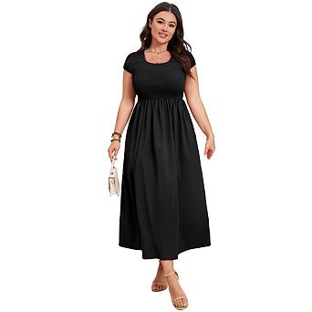 Women's Casual Round Neck Pleated Midi Dress Flowy Long Fitted Waist Short Sleeve Maxi Dress