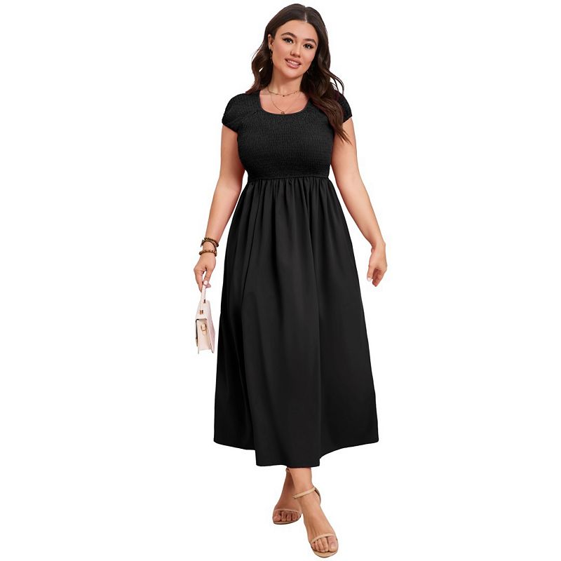 black flowy dress plus size Women's Casual Round Neck Pleated Midi Long Fitted Waist Short Sleeve Maxi Dress Long Sleeve Sequin Two Ruffle Sleeve Size:16 (36/37) Cheap Formal Dress
