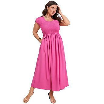 Women's Casual Round Neck Pleated Midi Dress Flowy Long Fitted Waist Short Sleeve Maxi Dress