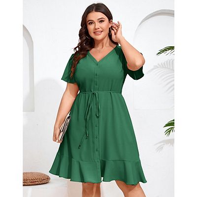 Plus Size Casual Shirt Dress for Women V-Neck Belted Short Sleeve Layered  Bow Mini Dress