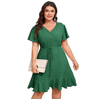 Plus Size Casual Shirt Dress for Women V-Neck Belted Short Sleeve Layered Bow Mini Dress