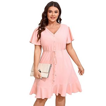 Plus Size Casual Shirt Dress for Women V-Neck Belted Short Sleeve Layered Bow Mini Dress
