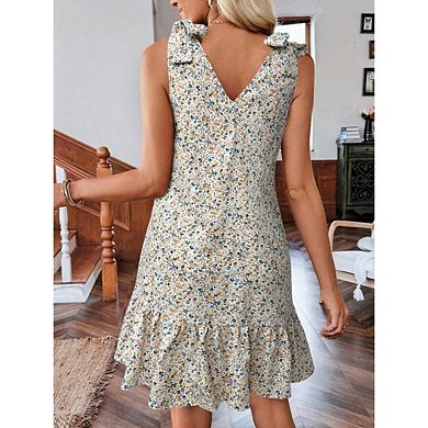 Women's V-Neck Printed Vest Dress Spaghetti Strap Mini Skirt with Ruffled Hem Bow Embellishment