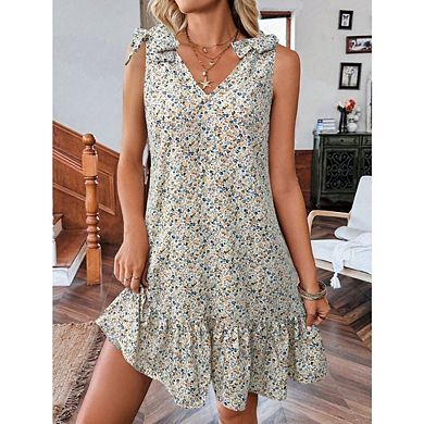 Women's V-Neck Printed Vest Dress Spaghetti Strap Mini Skirt with Ruffled Hem Bow Embellishment