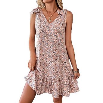 Women's V-Neck Printed Vest Dress Spaghetti Strap Mini Skirt with Ruffled Hem Bow Embellishment