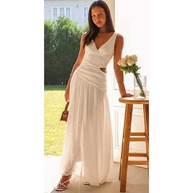 Women's Backless Halter Maxi Dress V-Neck Sleeveless Resort Dress Flowy Solid Color Patchwork Dress