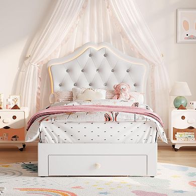 Twin Bed Frame with LED Lights, Velvet Crystal Headboard, Upholstered Kids Platform Bed with Drawer