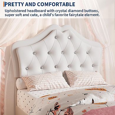 Twin Bed Frame with LED Lights, Velvet Crystal Headboard, Upholstered Kids Platform Bed with Drawer