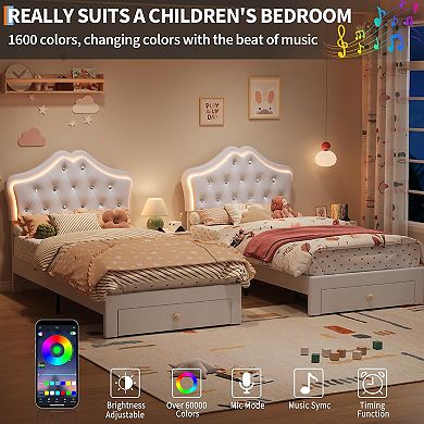 Twin Bed Frame with LED Lights, Velvet Crystal Headboard, Upholstered Kids Platform Bed with Drawer
