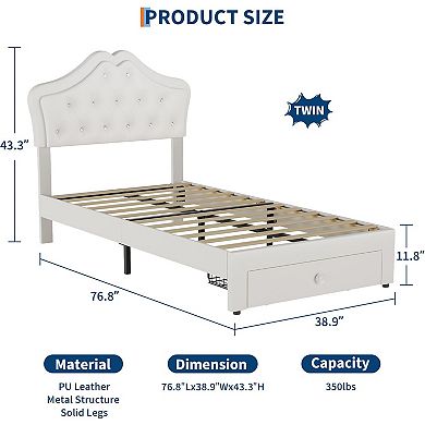 Twin Bed Frame with LED Lights, Velvet Crystal Headboard, Upholstered Kids Platform Bed with Drawer