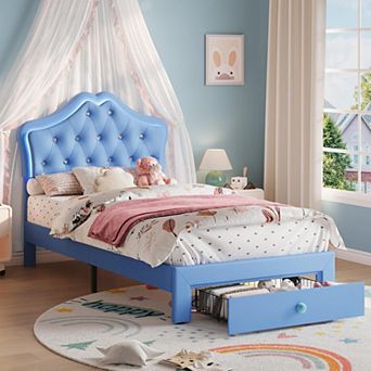 Twin Bed Frame with LED Lights, Velvet Crystal Headboard, Upholstered Kids Platform Bed with Drawer
