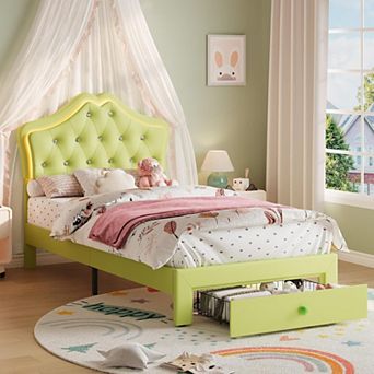 Twin Bed Frame with LED Lights, Velvet Crystal Headboard, Upholstered Kids Platform Bed with Drawer