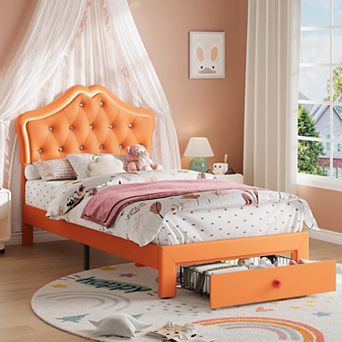 Twin Bed Frame with LED Lights, Velvet Crystal Headboard, Upholstered Kids Platform Bed with Drawer