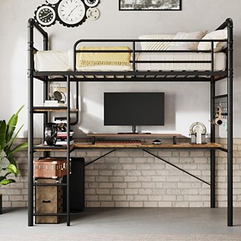 Twin Loft Bed with L-Shaped Desk & Storage Shelf, Heavy Duty Metal Frame for Adults