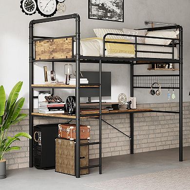 Twin Loft Bed with L-Shaped Desk & Storage Shelf, Heavy Duty Metal Frame for Adults