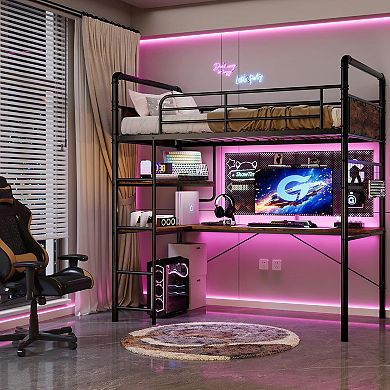 Twin Loft Bed with L-Shaped Desk & Storage Shelf, Heavy Duty Metal Frame for Adults