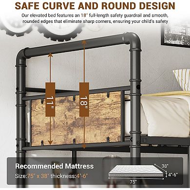 Twin Loft Bed with L-Shaped Desk & Storage Shelf, Heavy Duty Metal Frame for Adults