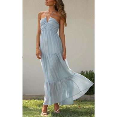 Women's Off Shoulder Layered Hem Long Spaghetti Strap Dress Backless V-Neck A-line Midi Dress