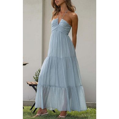 Women's Off Shoulder Layered Hem Long Spaghetti Strap Dress Backless V-Neck A-line Midi Dress