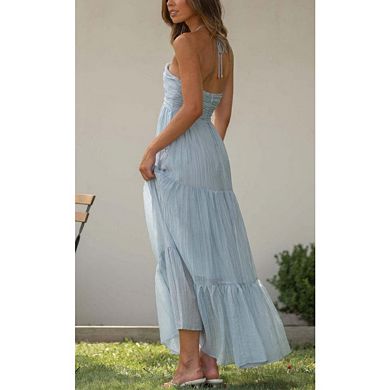 Women's Off Shoulder Layered Hem Long Spaghetti Strap Dress Backless V-Neck A-line Midi Dress