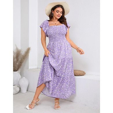 Women's Boho Print Square Neck Midi Dress Ruffle Layered Waist Fitted Long Sundress