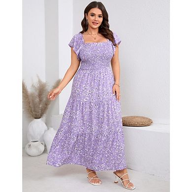 Women's Boho Print Square Neck Midi Dress Ruffle Layered Waist Fitted Long Sundress
