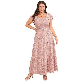 Women's Boho Print Square Neck Midi Dress Ruffle Layered Waist Fitted Long Sundress