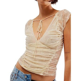 Women Short Sleeve Floral Lace Top V Neck Mesh Going Out Tops Slim Fit Backless T Shirt Blouse