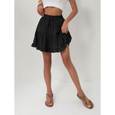 Women Ruffled Tiered Pleated Mini Skirts Boho Drawstring Elastic High Waist Flowy Comfy Skorts