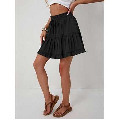 Women Ruffled Tiered Pleated Mini Skirts Boho Drawstring Elastic High Waist Flowy Comfy Skorts