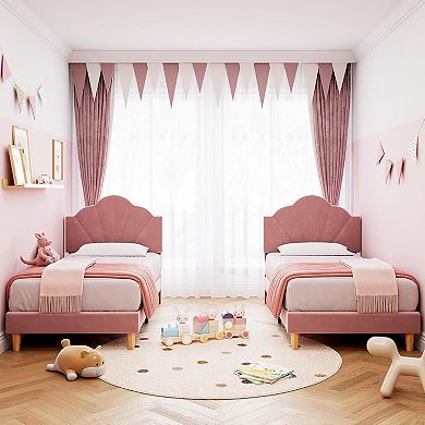 Twin XL Velvet Platform Bed Upholstered Adjustable Headboard, Wooden Slats, Heavy Duty