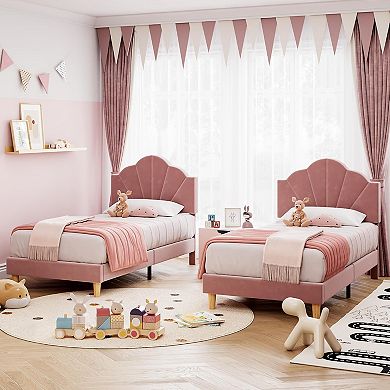 Twin XL Velvet Platform Bed Upholstered Adjustable Headboard, Wooden Slats, Heavy Duty