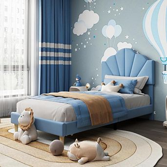 Twin XL Velvet Platform Bed Upholstered Adjustable Headboard, Wooden Slats, Heavy Duty