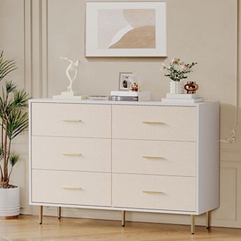 6 Drawer Dresser, Modern White Chest of Drawers with Gold Metal Legs and Handles, Large Double