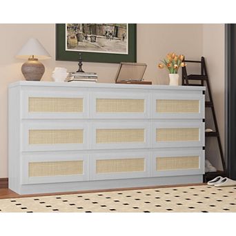 Rattan 9 Drawer Dresser with Charging Station, Farmhouse Chest of Drawers, Wide Closet Dresser